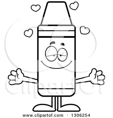 Lineart Clipart of a Cartoon Loving Crayon Character Character Wanting a Hug, with Open Arms and Hearts - Royalty Free Outline Vector Illustration by Cory Thoman