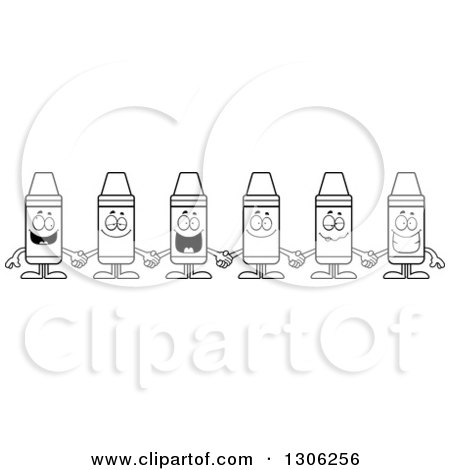 Lineart Clipart of a Cartoon Group of Happy Colorful Crayon Characters Holding Hands - Royalty Free Outline Vector Illustration by Cory Thoman