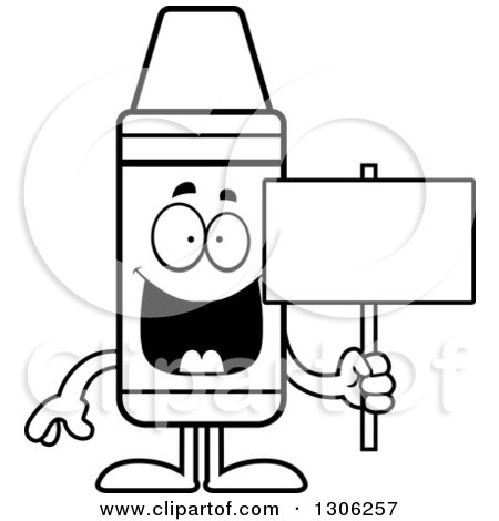 Lineart Clipart of a Cartoon Happy Crayon Character Holding a Blank Sign - Royalty Free Outline Vector Illustration by Cory Thoman