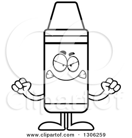 Lineart Clipart of a Cartoon Mad Crayon Character Holding up Fists - Royalty Free Outline Vector Illustration by Cory Thoman