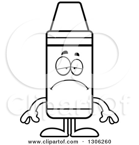 Lineart Clipart of a Cartoon Sad Depressed Crayon Character Pouting - Royalty Free Outline Vector Illustration by Cory Thoman