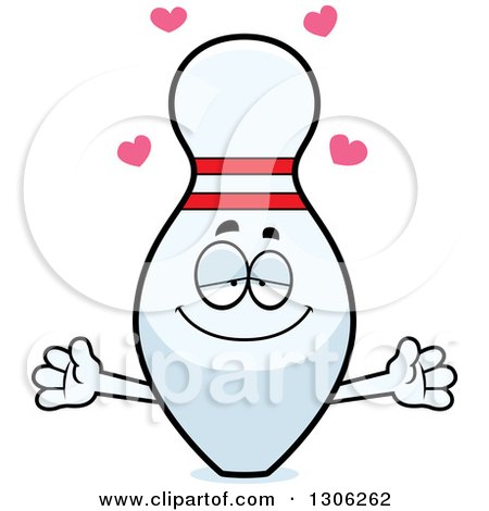 Clipart of a Cartoon Loving Bowling Pin Character Wanting a Hug, with Open Arms and Hearts - Royalty Free Vector Illustration by Cory Thoman