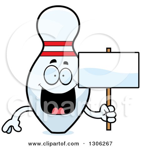 Clipart of a Cartoon Happy Bowling Pin Character Holding a Blank Sign - Royalty Free Vector Illustration by Cory Thoman