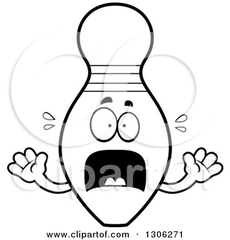 Lineart Clipart of a Cartoon Black and White Scared Bowling Pin Character Screaming - Royalty Free Outline Vector Illustration by Cory Thoman