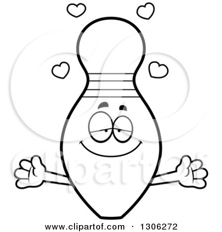 Lineart Clipart of a Cartoon Black and White Loving Bowling Pin Character Wanting a Hug, with Open Arms and Hearts - Royalty Free Outline Vector Illustration by Cory Thoman