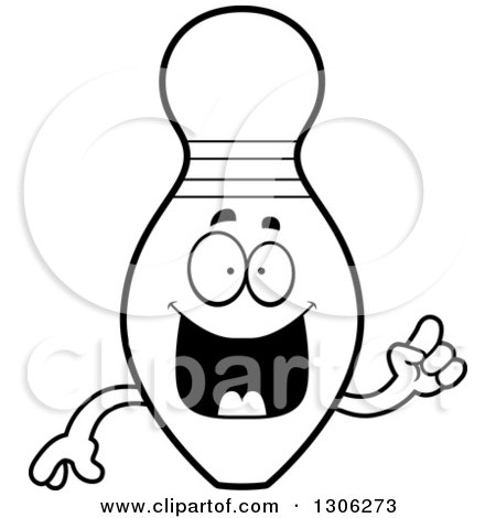 Lineart Clipart of a Cartoon Black and White Happy Smart Bowling Pin Character with an Idea - Royalty Free Outline Vector Illustration by Cory Thoman