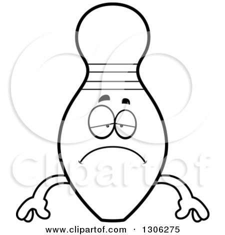 Lineart Clipart of a Cartoon Black and White Sad Depressed Bowling Pin Character Pouting - Royalty Free Outline Vector Illustration by Cory Thoman