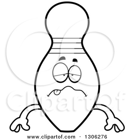 Lineart Clipart of a Cartoon Black and White Sick or Drunk Bowling Pin Character - Royalty Free Outline Vector Illustration by Cory Thoman