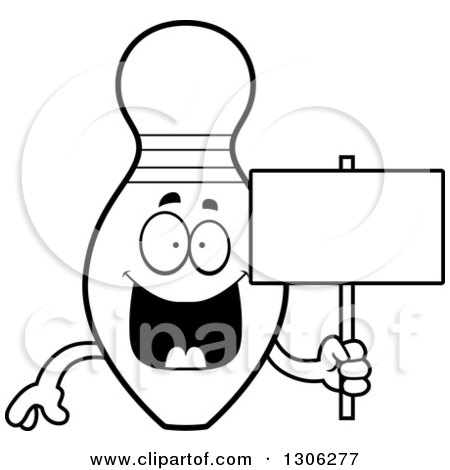 Lineart Clipart of a Cartoon Black and White Happy Bowling Pin Character Holding a Blank Sign - Royalty Free Outline Vector Illustration by Cory Thoman