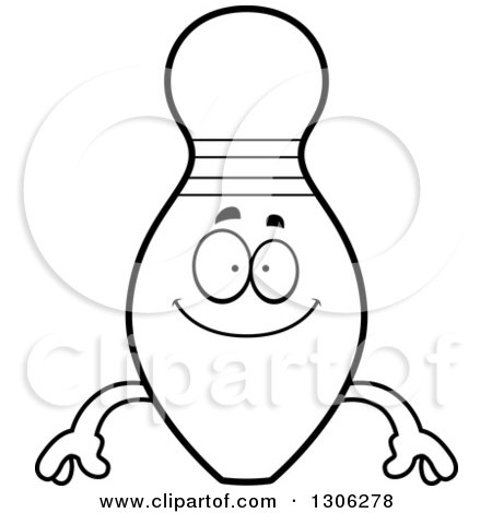 Lineart Clipart of a Cartoon Black and White Happy Bowling Pin Character Smiling - Royalty Free Outline Vector Illustration by Cory Thoman