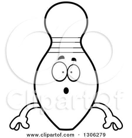 Lineart Clipart of a Cartoon Black and White Surprised Bowling Pin Character Gasping - Royalty Free Outline Vector Illustration by Cory Thoman