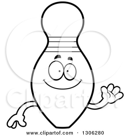 Lineart Clipart of a Cartoon Black and White Friendly Bowling Pin Character Waving - Royalty Free Outline Vector Illustration by Cory Thoman
