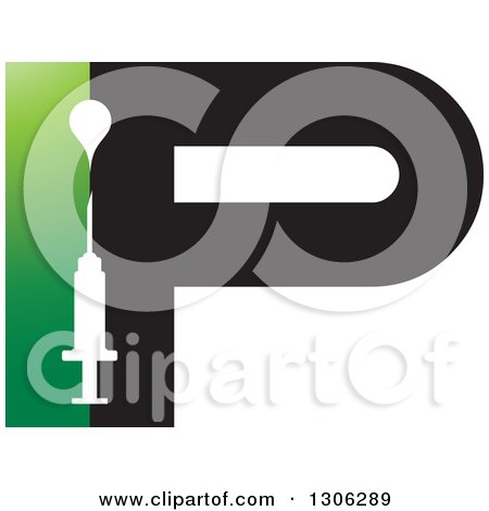 Clipart of a White Syringe over a Green IP Letter Alphabet Design - Royalty Free Vector Illustration by Lal Perera