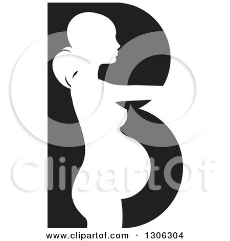 Clipart of a White Silhouetted Pregnant Woman in a Black Letter B - Royalty Free Vector Illustration by Lal Perera
