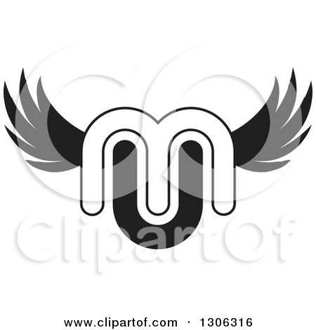 Clipart of an Abstract Black and White Alphabet Letter MU Winged Logo - Royalty Free Vector Illustration by Lal Perera