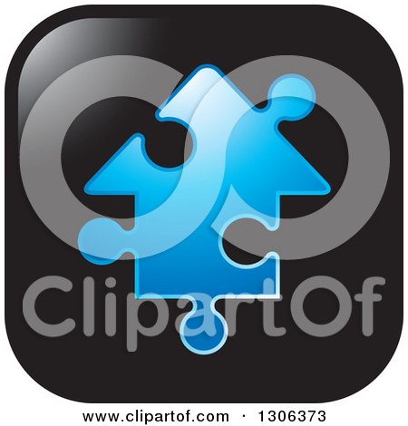 Clipart of a Square Black Icon with a Blue House Shaped Jigsaw Puzzle Piece - Royalty Free Vector Illustration by Lal Perera