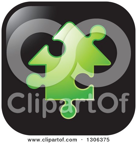 Clipart of a Square Black Icon with a Green House Shaped Jigsaw Puzzle Piece - Royalty Free Vector Illustration by Lal Perera