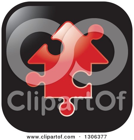 Clipart of a Square Black Icon with a Red House Shaped Jigsaw Puzzle Piece - Royalty Free Vector Illustration by Lal Perera