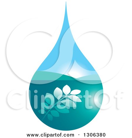 Clipart of a Blue Leafy Branch and Valley Sunrise Water Drop - Royalty Free Vector Illustration by Lal Perera