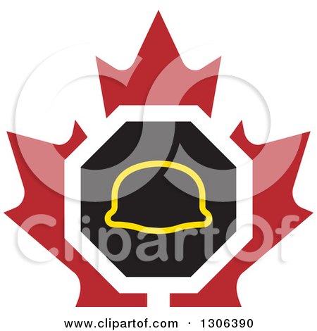 Clipart of a Safety Hardhat Helmet over a Maple Leaf - Royalty Free Vector Illustration by Lal Perera