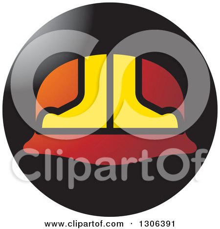 Clipart of a Gradient Red and Yellow Hardhat Helmet in a Round Black Icon - Royalty Free Vector Illustration by Lal Perera
