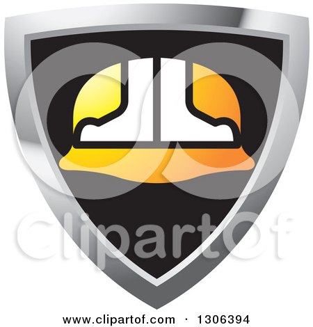 Clipart of a Black White and Gradient Orange Hardhat Helmet in a Shield - Royalty Free Vector Illustration by Lal Perera