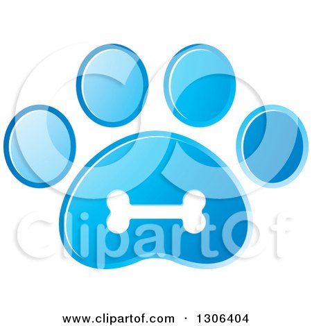 Clipart of a White Bone on a Gradient Blue Dog Paw Print - Royalty Free Vector Illustration by Lal Perera