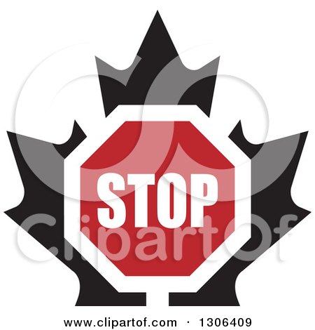 Clipart of a Stop Sign over a Black Maple Leaf - Royalty Free Vector Illustration by Lal Perera