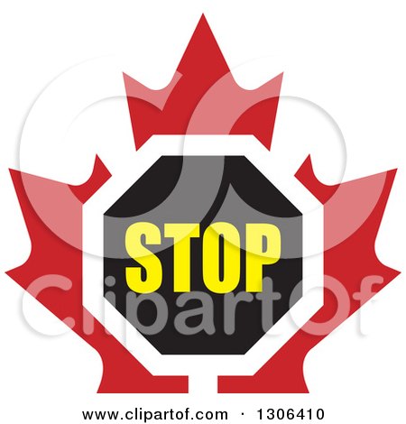 Clipart of a Stop Sign over a Red Maple Leaf - Royalty Free Vector Illustration by Lal Perera