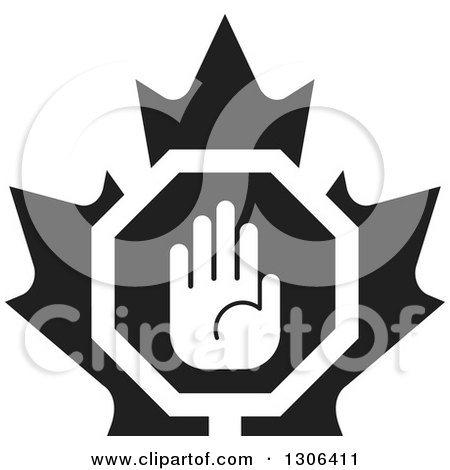 Clipart of a Black and White Hand Stop Sign over a Maple Leaf - Royalty Free Vector Illustration by Lal Perera