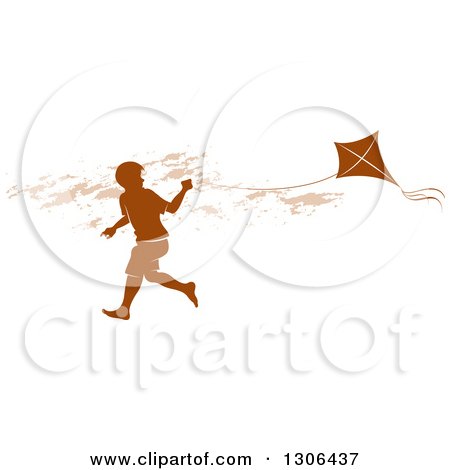 Clipart of a Brown Silhouetted Boy Running with a Kite - Royalty Free Vector Illustration by Lal Perera