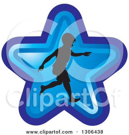 Clipart of a Black Silhouetted Boy Running in a Blue Star - Royalty Free Vector Illustration by Lal Perera