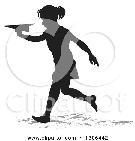 Clipart of a Black Silhouetted Girl Running and Playing with a Paper Plane - Royalty Free Vector Illustration by Lal Perera