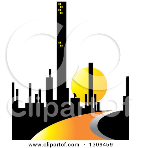 Clipart of a City of Skyscrapers and an Orange Road or River Against a Sunset - Royalty Free Vector Illustration by Lal Perera