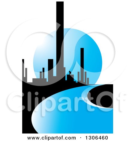 Clipart of a City of Skyscrapers and a Blue Road or River Against a Moon - Royalty Free Vector Illustration by Lal Perera