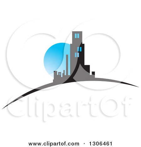 Clipart of a City of Skyscrapers on a Swoosh and a Blue Full Moon - Royalty Free Vector Illustration by Lal Perera