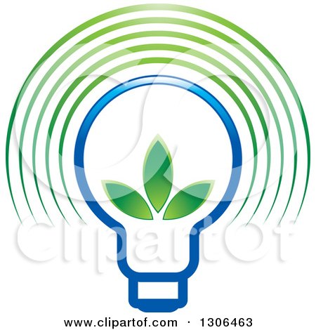 Clipart of a Gradient Blue Light Bulb with Green Leaves and Glow Arches - Royalty Free Vector Illustration by Lal Perera