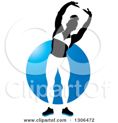Clipart of a Silhouetted Posing Black and White Female Bodybuilder over a Blue Circle - Royalty Free Vector Illustration by Lal Perera
