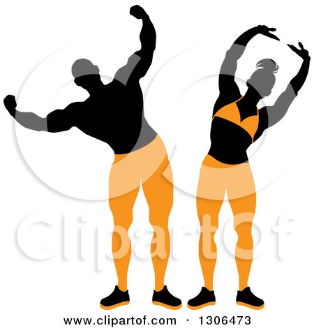 Clipart of Posing Silhouetted Female and Male Bodybuilders in Black and Orange - Royalty Free Vector Illustration by Lal Perera