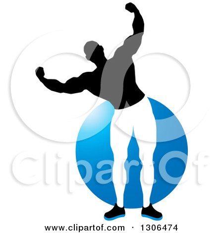 Clipart of a Flexing Black and White Male Bodybuilder over a Blue Circle - Royalty Free Vector Illustration by Lal Perera