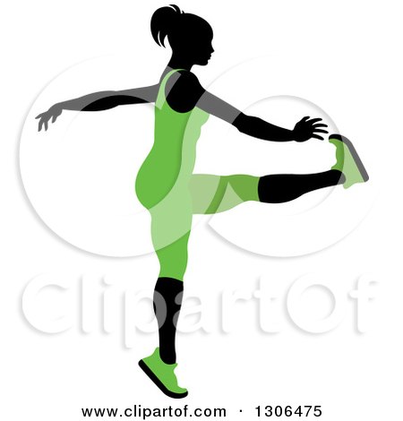 Clipart of a Black Silhouetted Woman in Green, Stretching and Reaching for Her Toes - Royalty Free Vector Illustration by Lal Perera