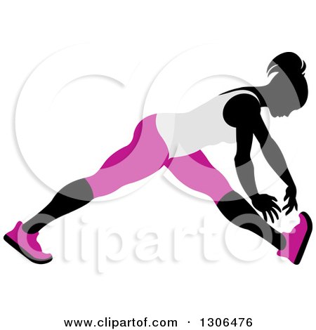 Clipart of a Black Silhouetted Woman in Pink and White, Stretching and Reaching for Her Toes - Royalty Free Vector Illustration by Lal Perera