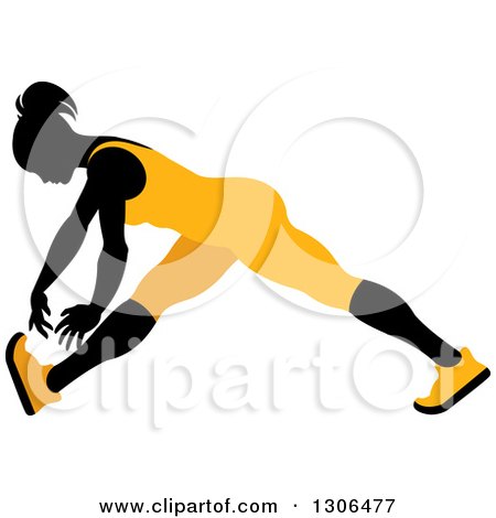 Clipart of a Black Silhouetted Woman in Orange, Stretching and Reaching for Her Toes - Royalty Free Vector Illustration by Lal Perera
