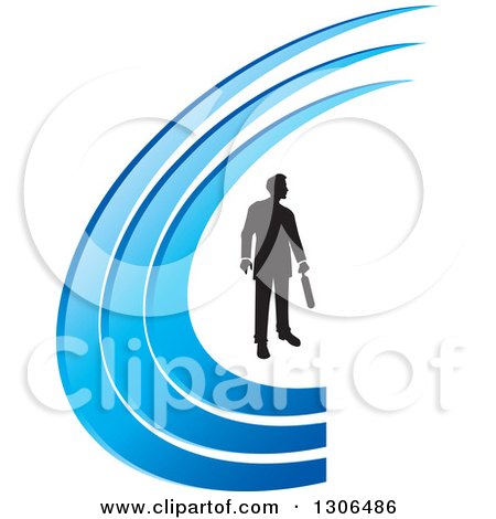 Clipart of a Black Silhouetted Businessman and Blue Swooshes - Royalty Free Vector Illustration by Lal Perera