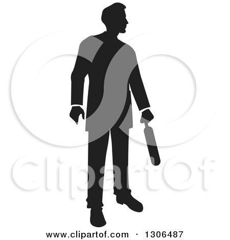 Clipart of a Black Silhouetted Businessman Wiht a Briefcase - Royalty Free Vector Illustration by Lal Perera