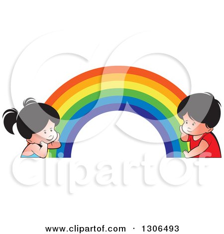 Clipart of a Thinking Boy and Girl at Different Ends of a Rainbow - Royalty Free Vector Illustration by Lal Perera