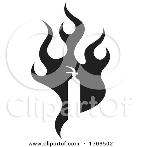 Clipart of a Black Fire and White Silhouetted Extinguisher - Royalty Free Vector Illustration by Lal Perera