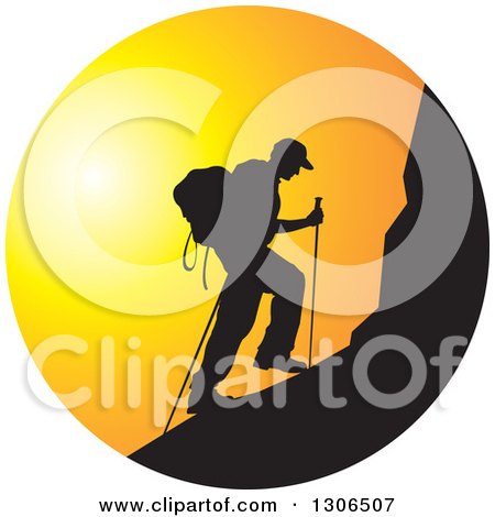Clipart of a Black Silhouetted Man Hiking a Mountain Against a Sunset Circle - Royalty Free Vector Illustration by Lal Perera