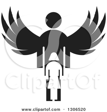 Clipart of a Black Silhouetted Guardian Angel over a Girl - Royalty Free Vector Illustration by Lal Perera