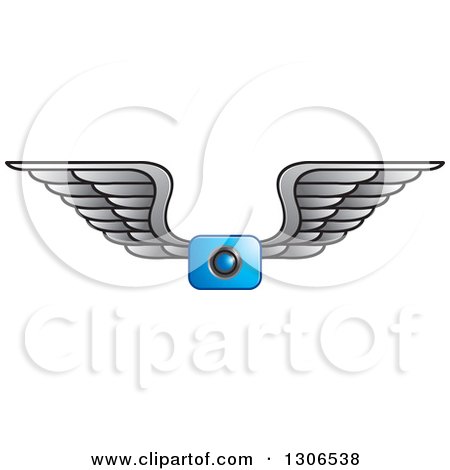 Clipart of a Blue Camera Flying with Silver Wings - Royalty Free Vector Illustration by Lal Perera